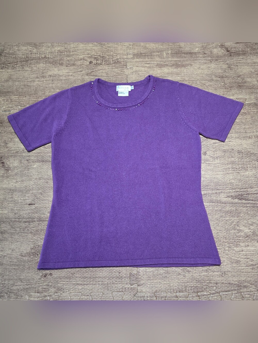 Womens Adore Purple Short Sleeve Sweater Embellished Size Medium Vintage Top